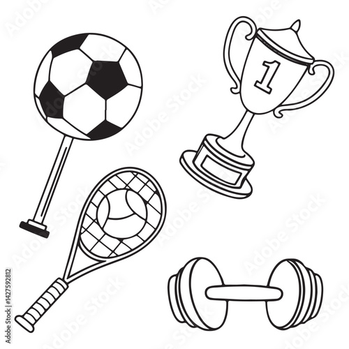 A set with sports equipment for exercises. Cross trainers, dumbbells, skipping rope, tennis racket, 
football, baseball, sports vector 