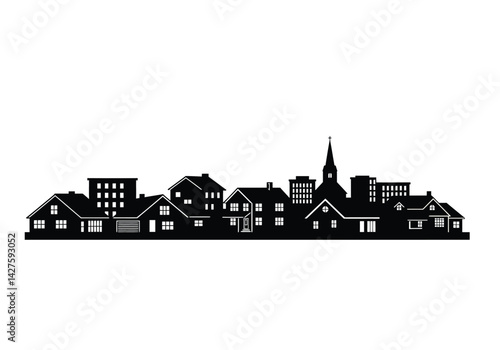 Suburb silhouette. This image shows a black silhouette of a suburban neighborhood with houses, trees, and buildings, depicting a peaceful residential area. Vector clipart illustration design.