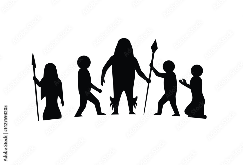 Obraz premium Tribe silhouette. This image shows a group of tribal figures in silhouette, some holding spears and others in ceremonial poses, representing cultural rituals. Vector clipart illustration design.