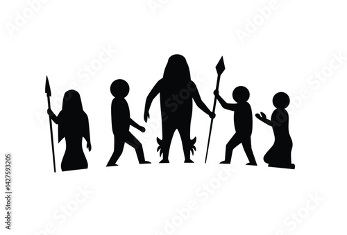 Tribe silhouette. This image shows a group of tribal figures in silhouette, some holding spears and others in ceremonial poses, representing cultural rituals. Vector clipart illustration design.