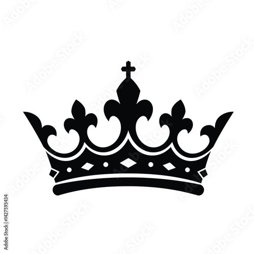 Royal crown silhouette. This image shows a black silhouette of a royal crown with ornate details, including fleur-de-lis shapes and a cross at the top. Vector clipart illustration design.