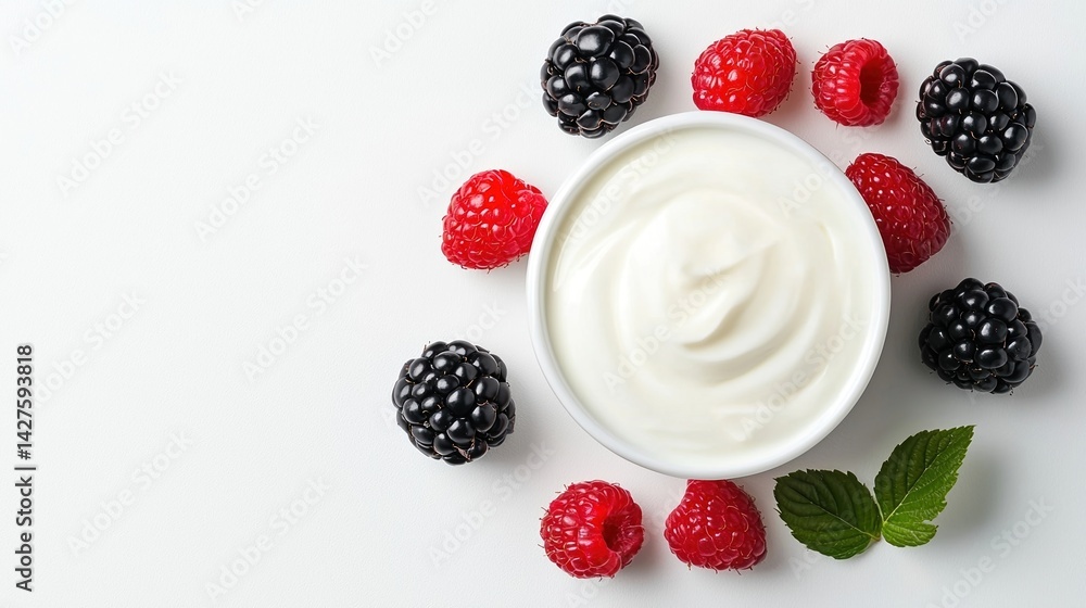 A bowl of creamy yogurt surrounded by fresh raspberries and blackberries, set against a clean white background. A bowl of creamy yogurt surrounded by fresh raspberries and blackberries, set against a clean white background.