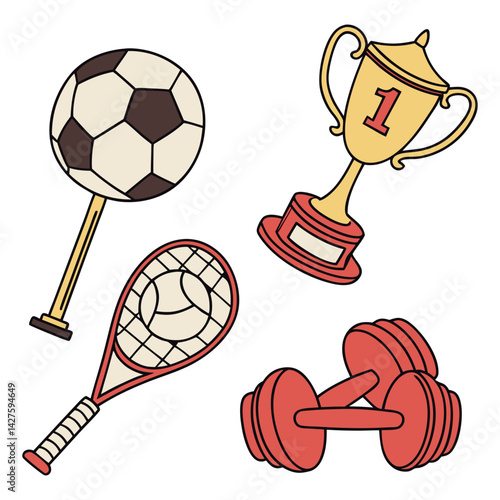 A set with sports equipment for exercises. Cross trainers, dumbbells, skipping rope, tennis racket, 
football, baseball, sports vector 