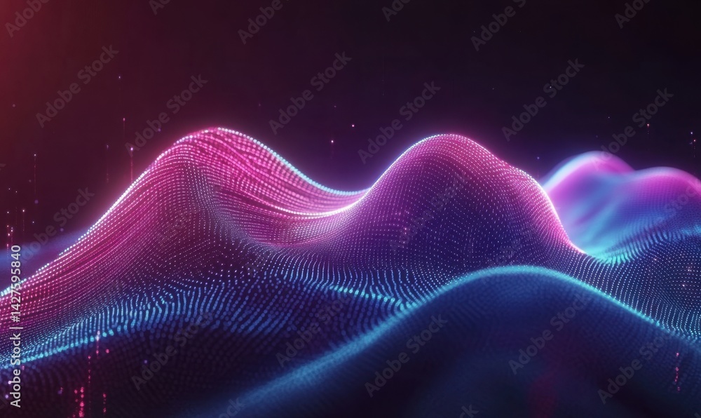 Fototapeta premium Abstract digital landscape, glowing particles, dark background, futuristic technology concept