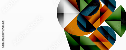 Abstract geometric composition. Overlapping triangles create dynamic shapes, utilizing orange, green, blue, black, white hues. Minimalist design with negative space.