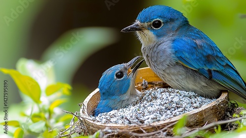 A male Eastern Bluebird feeds his mate in a springtime courting ritual.  HD 8K wallpaper Photographic Image