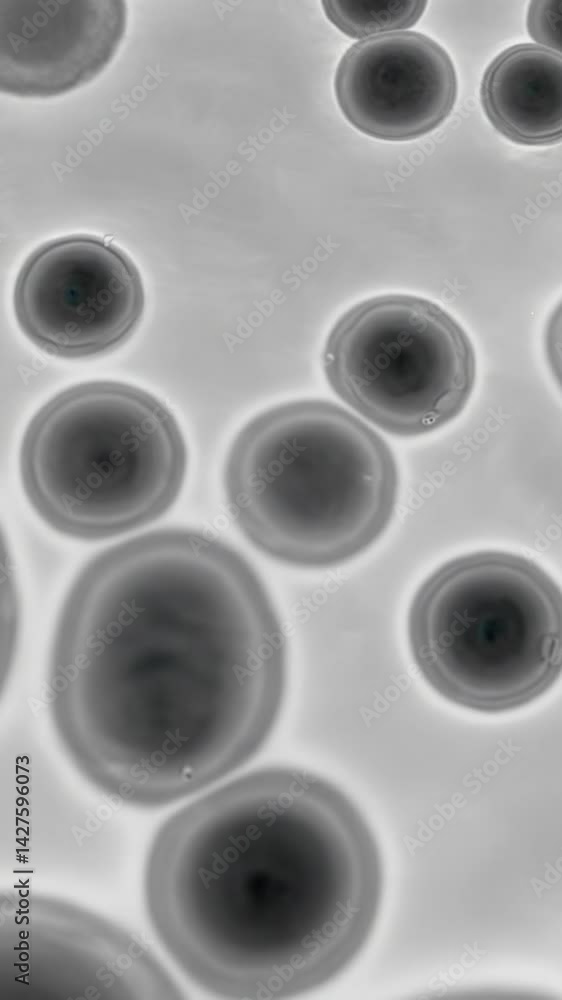 Monochrome microscopic image of multiple cells in a translucent fluid environment displaying biological structures and shapes Monochrome microscopic image of multiple cells in a translucent fluid environment displaying biological structures and shapes