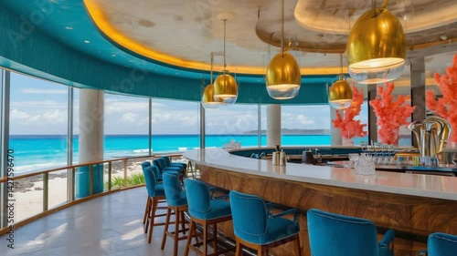 Modern tropical bar lounge interior with ocean view from panoramic windows and turquoise velvet seating in elegant restaurant
