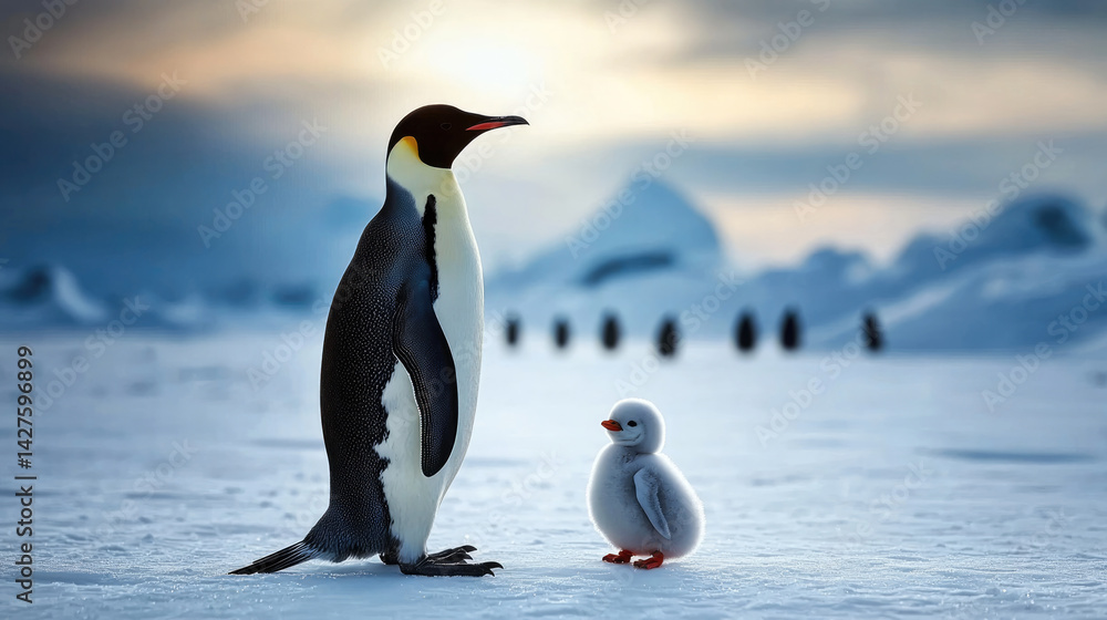 Fototapeta premium majestic penguin stands beside its fluffy chick in snowy landscape, showcasing beauty of nature and bond between parent and offspring. serene backdrop enhances emotional connection