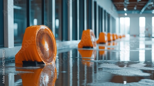 Flood Cleanup Orange Fans Drying Modern Building.