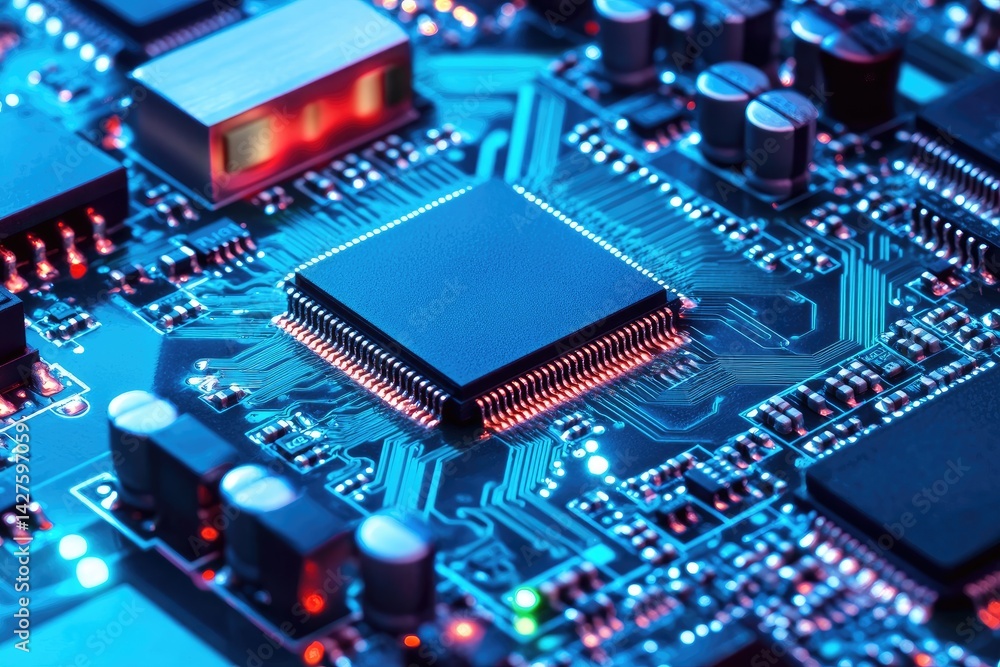 Exploring the Intricate Beauty of a Modern Semiconductor Microchip in Blue Hues Exploring the Intricate Beauty of a Modern Semiconductor Microchip in Blue Hues