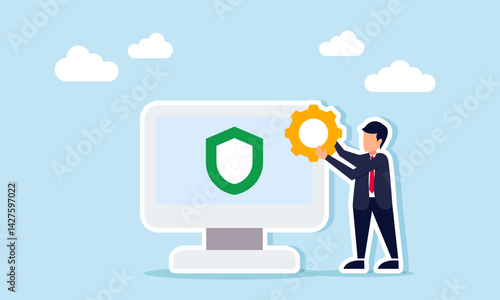businessman carrying a gear beside a monitor displaying a shield, illustration of business insurance system maintenance
