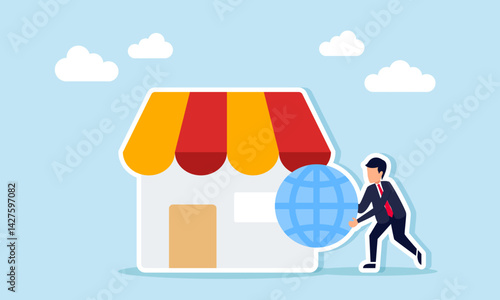 businessman carrying a globe beside a house, illustration of global scale business player