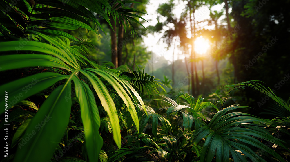 Sunlight filtering through lush green tropical leaves in a dense jungle setting.