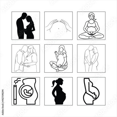 Pregnant Lady Health And Lifestyle Pictograms Collection Motherhood And Wellness Vector Graphics