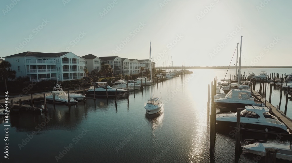 Fototapeta premium Tranquil Marina Sunset: Coastal Homes and Yachts at Golden Hour