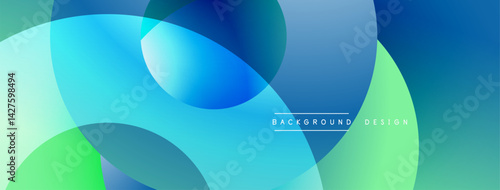 Abstract composition featuring overlapping translucent circles. Colors transition from vibrant blues to fresh greens, creating dynamic visual effect. Modern design element.