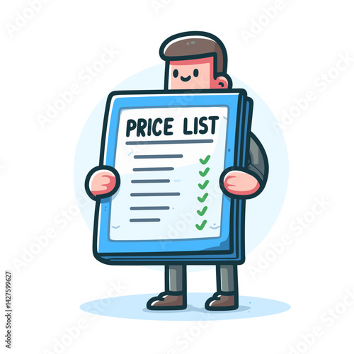 Business person holding price list with checkmarks in blue clipboard. Perfect for retail pricing strategy, service menu, and commercial rate sheet concepts.