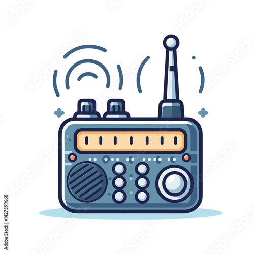 Portable radio with antenna and control buttons in navy blue design. Ideal for emergency communication, outdoor activities, and vintage electronics collections.