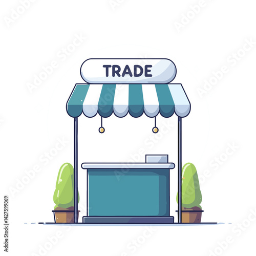 Small trade kiosk with striped awning and service counter. Perfect for small business concepts, marketplace setups, and retail design ideas.