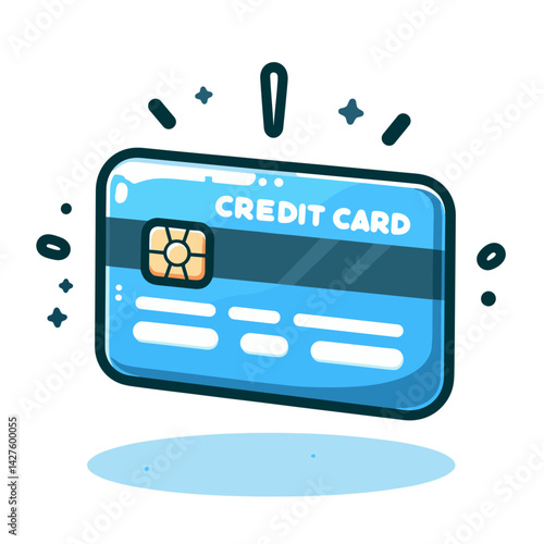 Blue credit card with chip and sparkling effects. Perfect for banking services, online shopping, and financial transaction concepts.