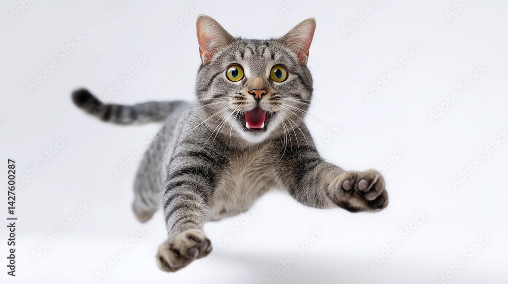 Energetic tabby cat mid-jump with an excited expression against a plain white background.