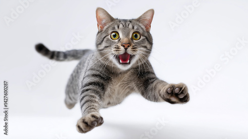 Obraz na płótnie Energetic tabby cat mid-jump with an excited expression against a plain white background.
w salonie