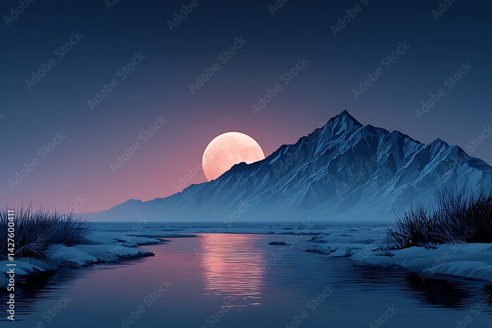 Fototapeta premium Serene Night: Pink Moon Over Majestic Mountains and Tranquil River