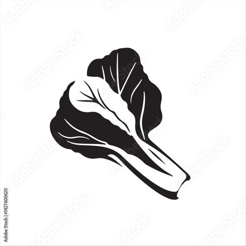 Two-dimensional bok choy silhouette, rendered in classic black and white, set against a plain white background, showcasing a simple, elegant, modern flat design aesthetic