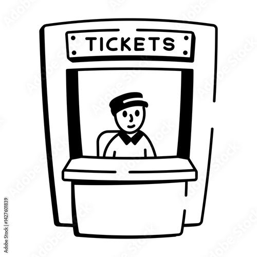 Sketchy style icon of a ticket booth with a seller
