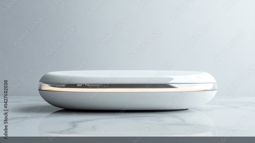 Modern, sleek, white, portable device on marble surface