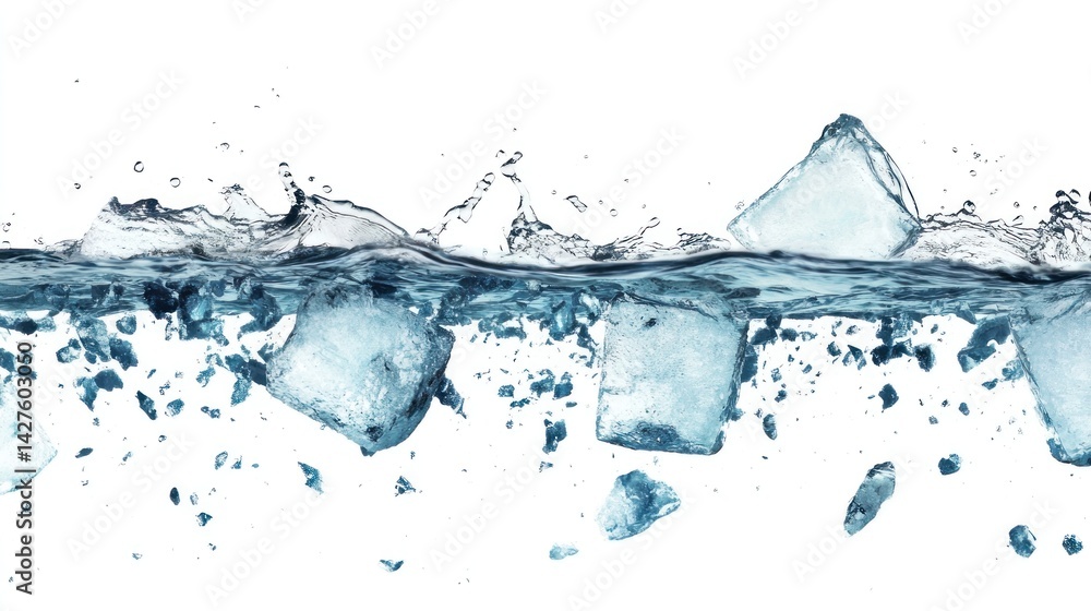 Ice cubes in water, splashing and dissolving Ice cubes in water, splashing and dissolving
