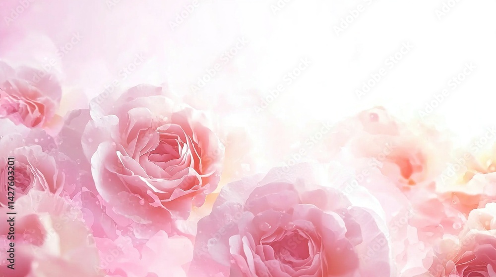 Naklejka premium Romantic pink roses banner with soft pastel tones, a close-up bouquet on a light pink and white background with blurred depth of field, perfect for elegant floral-themed designs. 