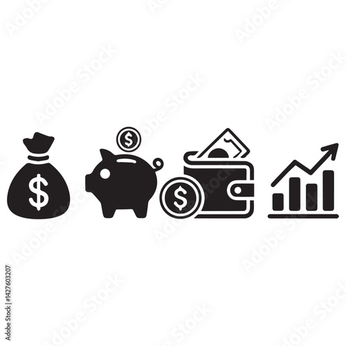 Finance icons. Business Icons, money signs. Money silhouette collection. Wallet with cards icon. Coins silhouette icon. Growth chart. Moneybag or stash. Piggy bank flat style, vector