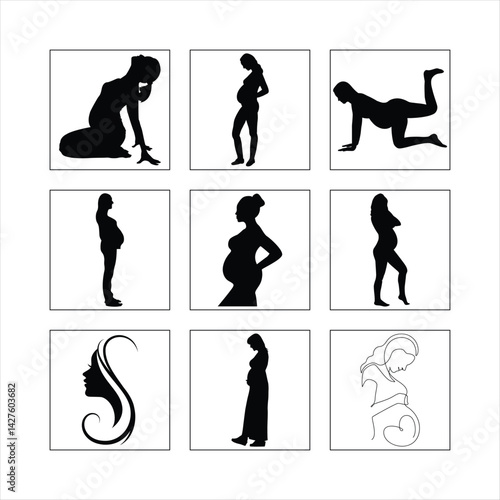 Silhouettes Of Pregnant Lady In Various Poses Depicting Motherhood Journey