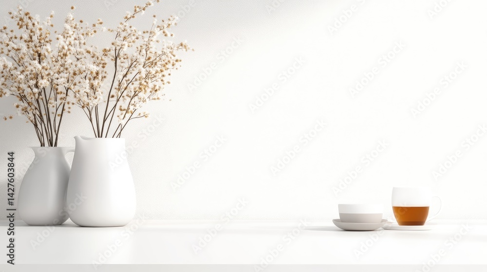 White vases with sprigs on a white surface White vases with sprigs on a white surface