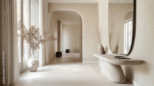 A minimalist hallway with a simple console table, a large mirror, and a few decorative elements, emphasizing clean lines and open space.