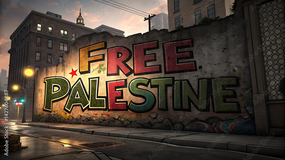 Obraz premium Street art action promoting free palestine urban environment graffiti mural daylight viewpoint