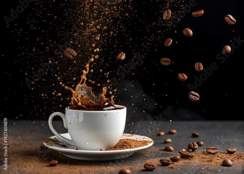 Cup of Coffee Exploding Mid-Air with Coffee Beans Black Background