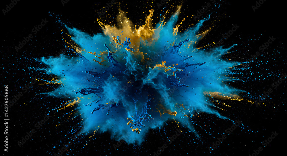 Fototapeta premium Spectacular Burst Of Blue And Gold Paint On A Black Canvas