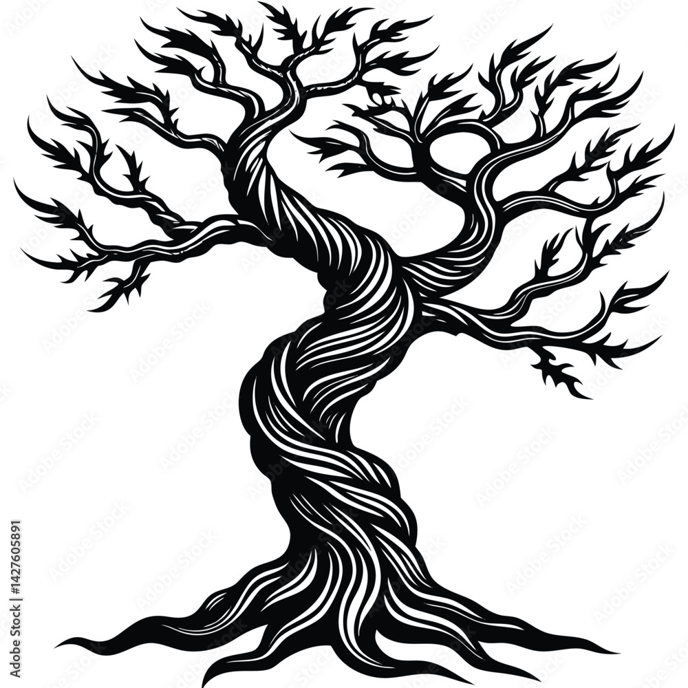 Naklejka premium Twisted Black Tree Silhouette Graphic Design Element