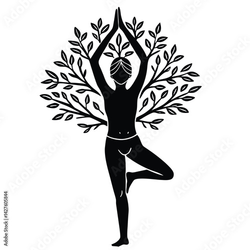 Silhouette of a Person in Tree Pose Yoga Asana