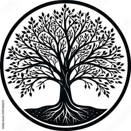 Circular Tree of Life Symbol Black and White Illustration