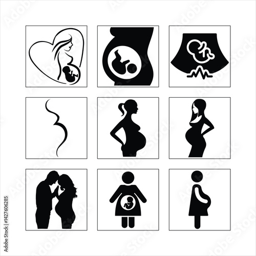 Pregnancy Stages And Motherhood Symbols Featuring Pregnant Lady Black Silhouettes