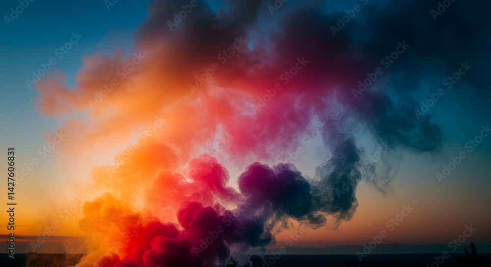 Naklejka premium Colorful Pollution Smoke in Air at Sunset Background Industrial Impact