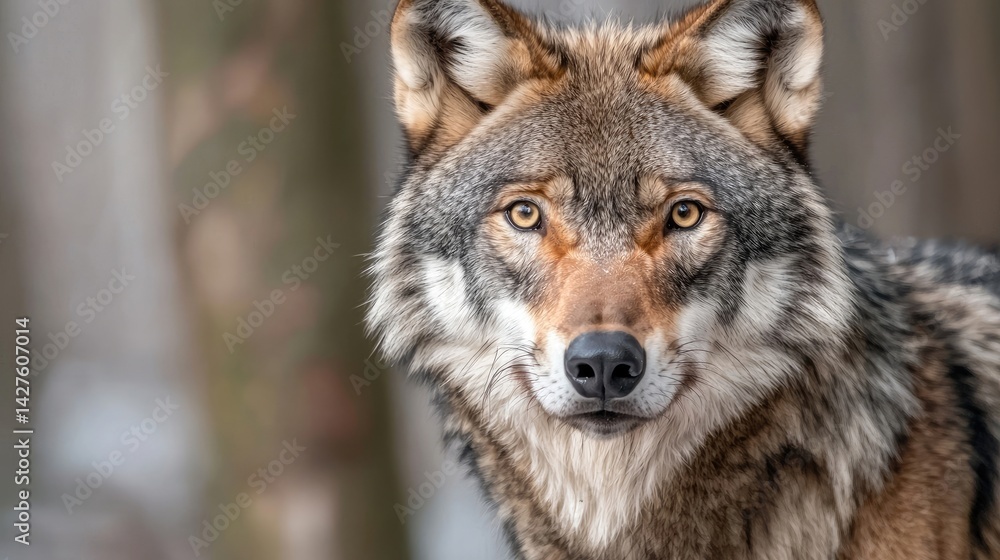 Close-up portrait of a wolf. Focus on its expressive eyes and fur Close-up portrait of a wolf. Focus on its expressive eyes and fur