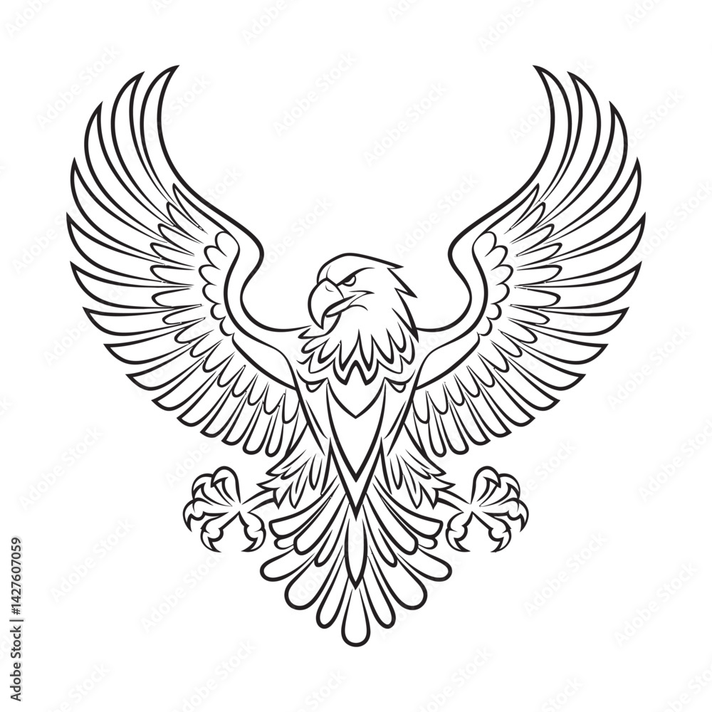 Obraz premium Majestic Eagle Tattoo Style Vector Illustration with Outstretched Wings in Black Line Art