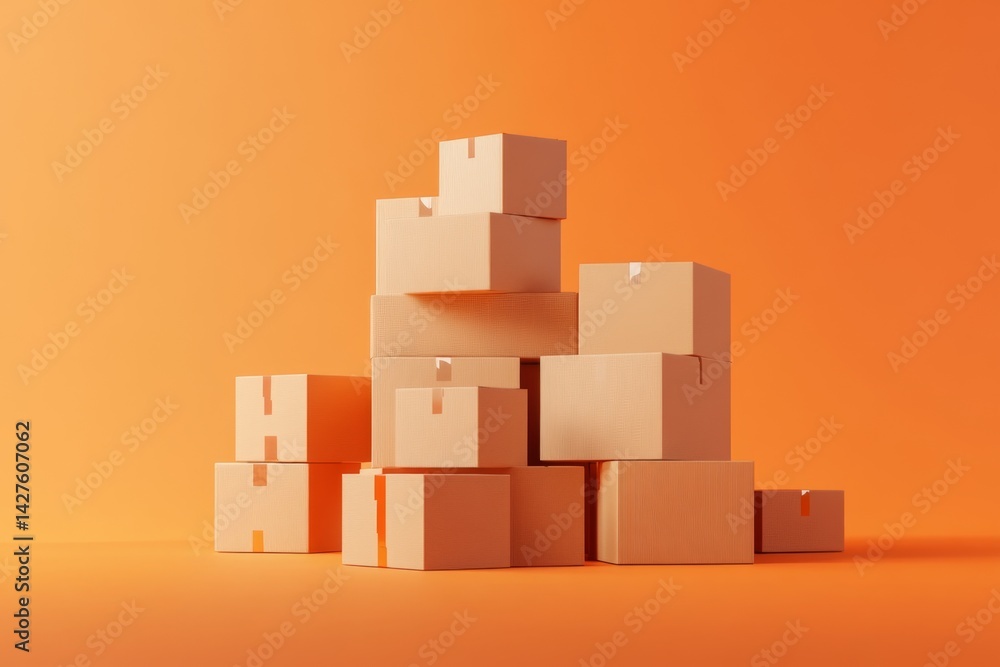 Obraz premium Stacked cardboard boxes on orange background