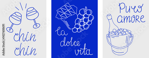 Mediterranean Blue Poster Collection featuring elegant wine glasses, fresh appetizers and authentic Italian phrases
