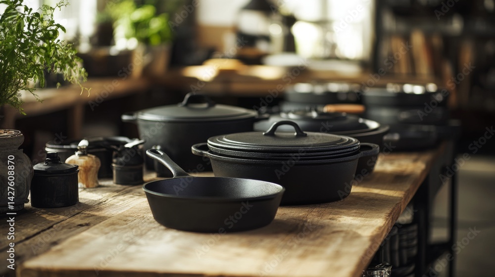 A set of cast-iron skillets and pots on a rustic wooden table, highlighting their durable design and traditional cooking style in a cozy, homey kitchen setting.
